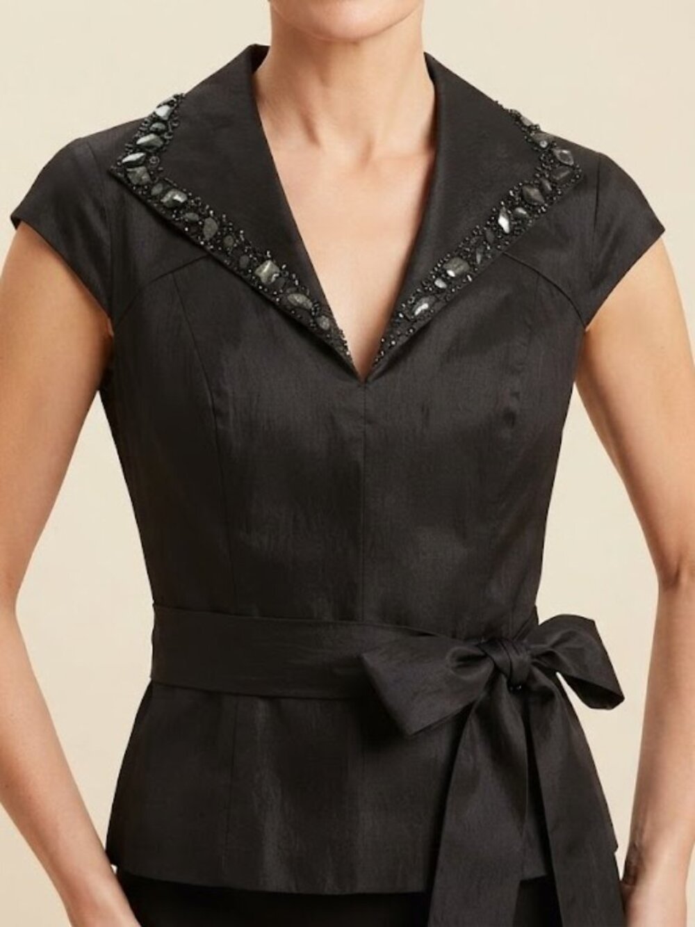 Vintage Black Embellished Tie-Waist Blouse